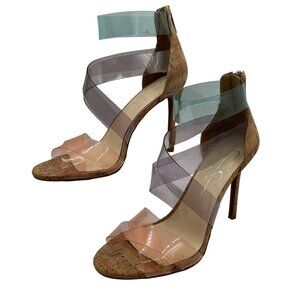 Jessica Simpson 8M Cork Clear Strap Heels Multicolor Stiletto Sandals Cocktail